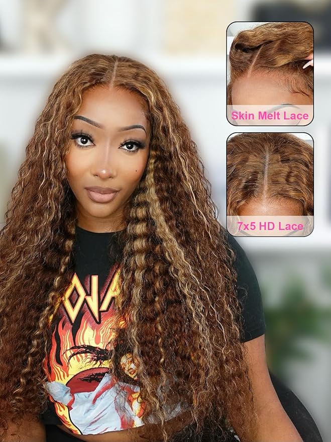 BGM GIRL Highlight Glueless Wig Human Hair 7x5 HD Lace Water Wave Wig 4/27 Color 180% Density Pre Plucked Invisible Knots Pre Cut Lace Wear Go Deep Wave Wigs for Women Beginner Friendly 20 Inch