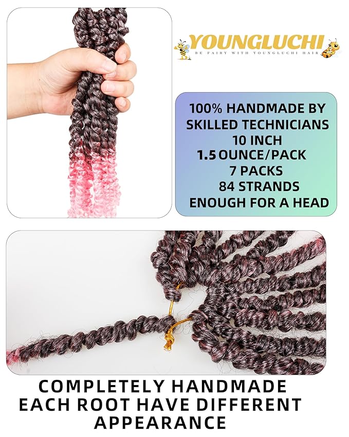 Pre-Twisted Passion Twist Crochet Hair for Black Women Passion Twist Hair Pre Looped Bohemian Braids 10 Inch 7 Packs Ombre Pink Short Bob Curly Braiding Hair Extensions(10"-7P,T1B/Pink)