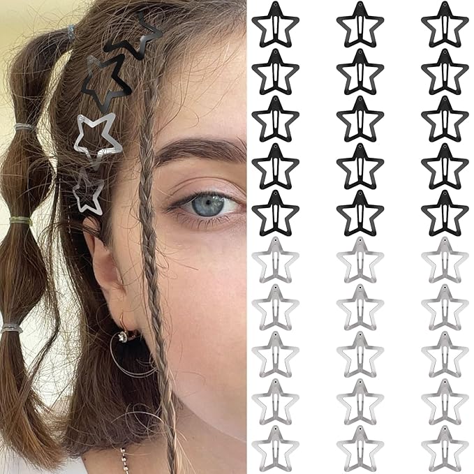 Star Hair Clips 2000s Y2K Snap Hair Barrettes Non Slip Star Hair Accessories Black Silver Metal Hair Clips for Girls Women -30 PCS 1.18"