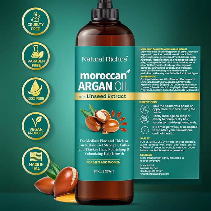 Natural Riches Moroccan Argan Oil for Hair Treatment with Linseed Extract – Smooths Frizz, Detangles, Conditions & Boosts Shine – Deep Hydration for Dry, Damaged, Curly & Color-Treated Hair – 8 fl oz