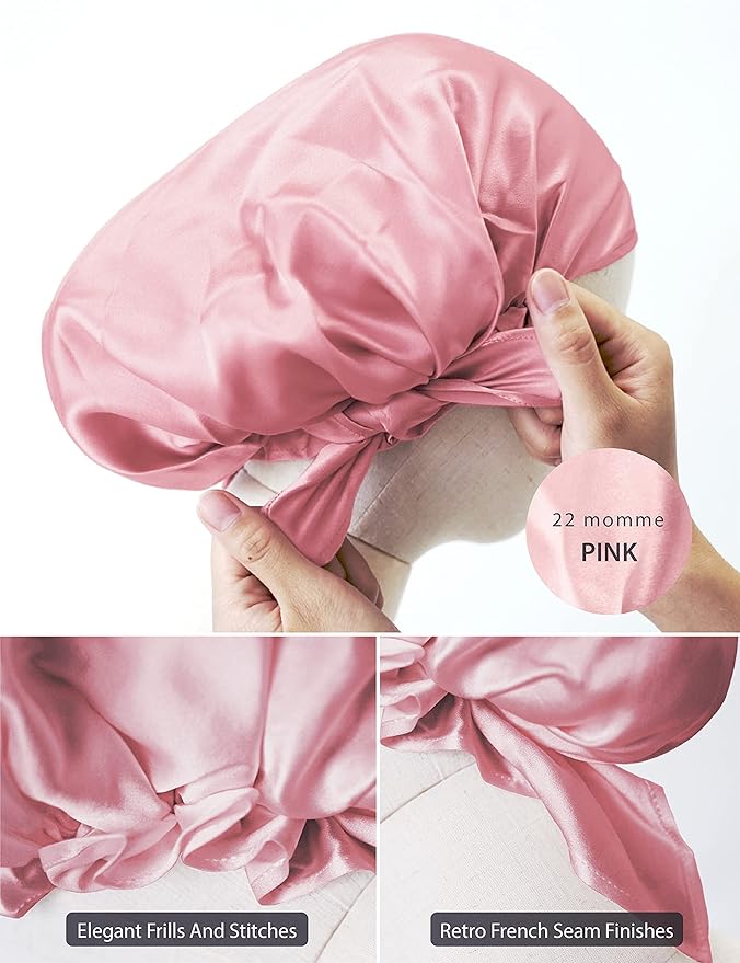 SissiLita 100% Mulberry Silk Bonnet for Sleeping, Large Silk Sleep Cap for Curly Hair, Rose Pink