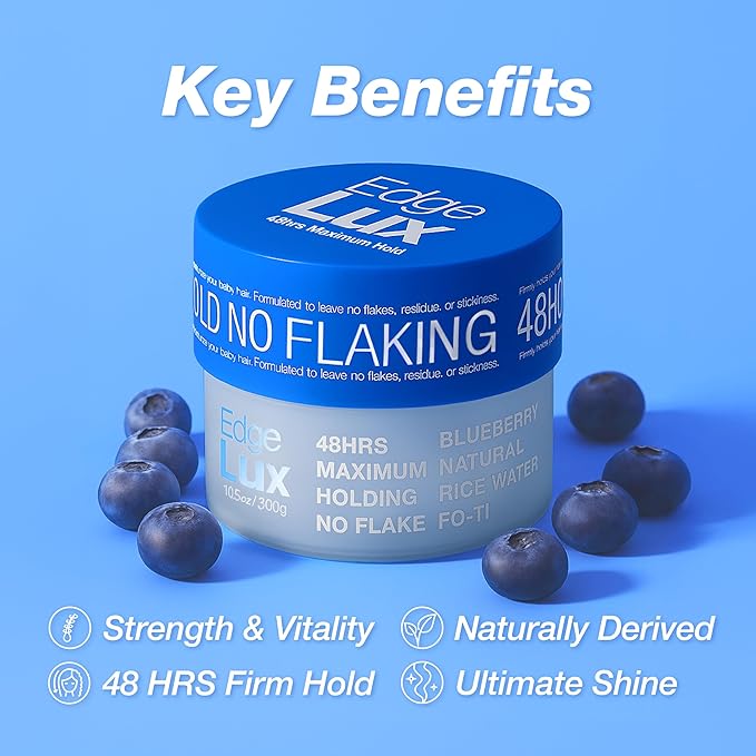Edge Lux Blueberry Edge Control Gel with Castor Oil, Keratin, Biotin, and Olive Oil - 48 Hour Maximum Hold, Non-Flaking, Non-Greasy, Scented, Conditioning Styling Gel for All Hair Types, 1 Ounce