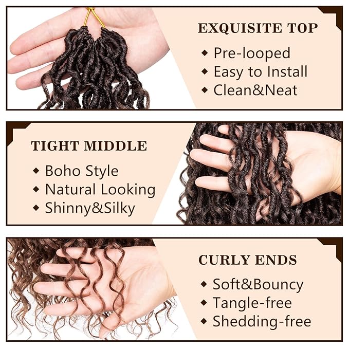 COOKOO 24 Inch 8 PCS Pre-Curled Goddess Faux Locs Crochet Hair With Curly Ends - Bohemian River Locs Braids for Women, Ombre Brown Hippie Synthetic Crochet Braids T30#