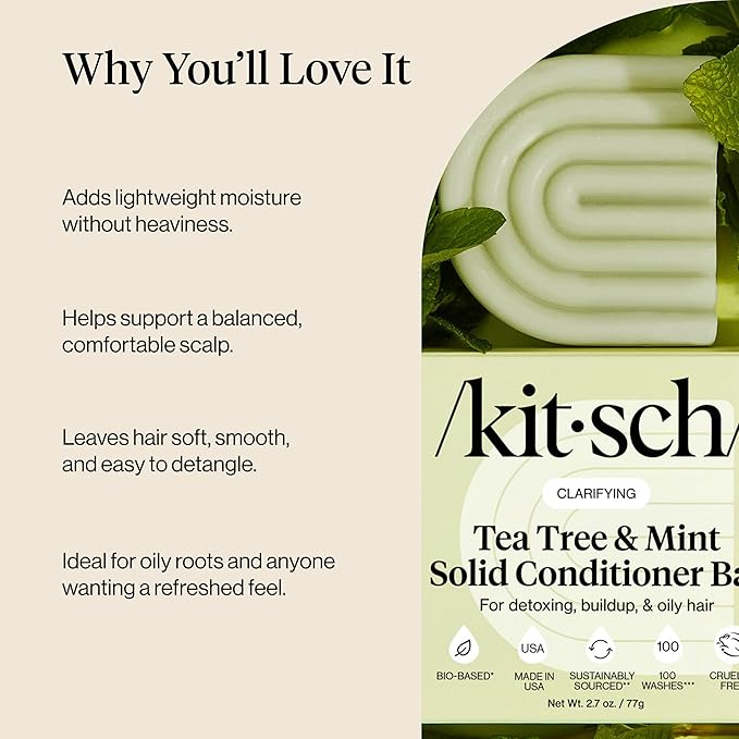 Kitsch Clarifying Tea Tree & Mint Conditioner Bar - Hair Conditioner for Scalp & Oil Control - Vegan Conditioner for Women and Men, Color-Safe, Sustainable Hair Care - Made in USA, 2.7 oz