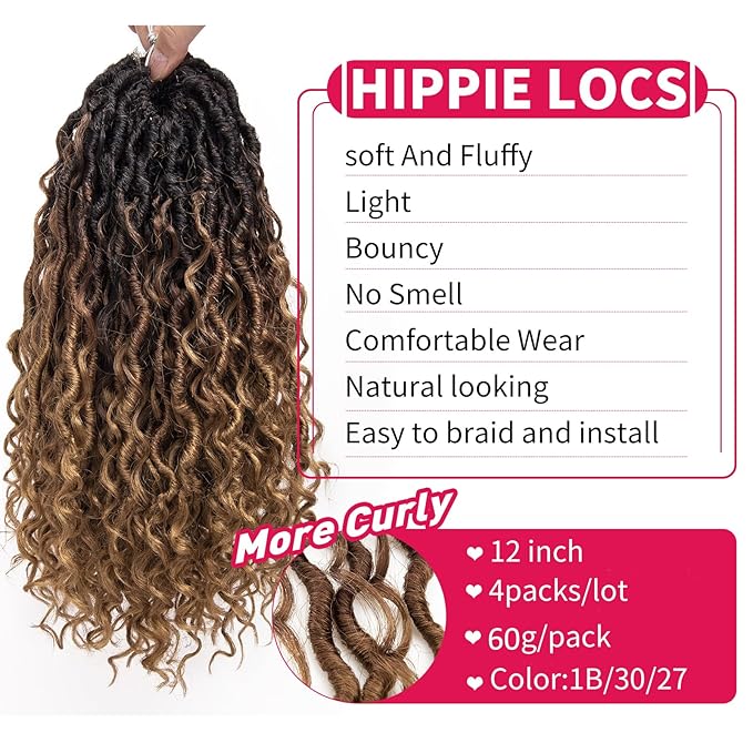 Goddess Locs Crochet Hair 12Inch Crochet Locs,Boho Faux Locs With Curly Ends River Hippie Locs Bohemian Locs Crochet Braids for Black Women 4Packs(1B/30/27, 12inch)