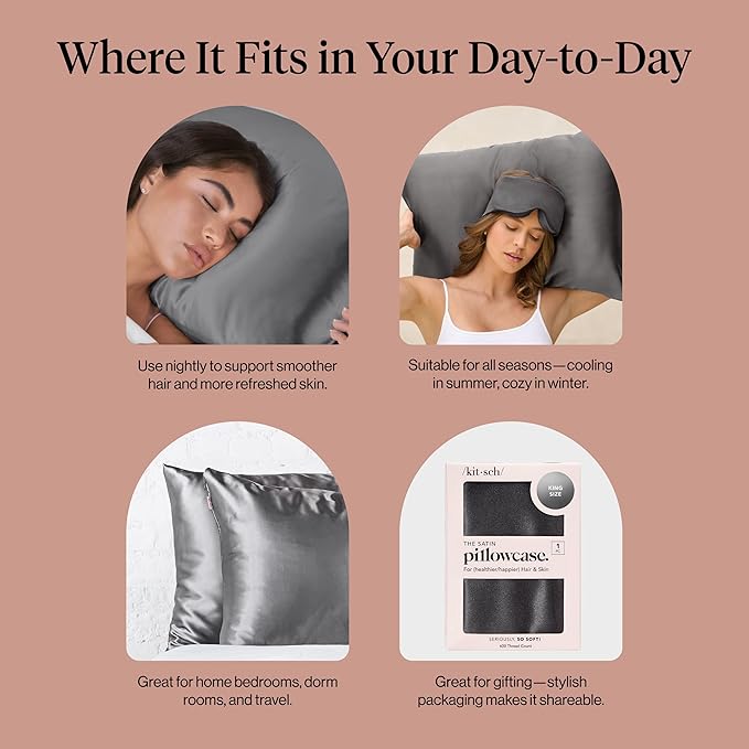 Kitsch Satin Pillowcase with Zipper for Hair & Skin, Softer Than Silk Pillow Cases King, Wrinkle-Free, Smooth and Cooling Satin Pillow Covers, King Size 19"x36" - Charcoal