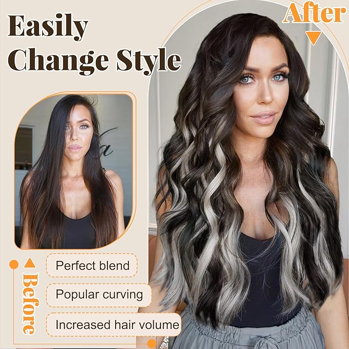 ALXNAN Clip in Long Wavy Synthetic Hair Extension 24 Inch Dark Brown Mix White Highlights 4PCS Thick Hairpieces Fiber Double Weft Hair for Women