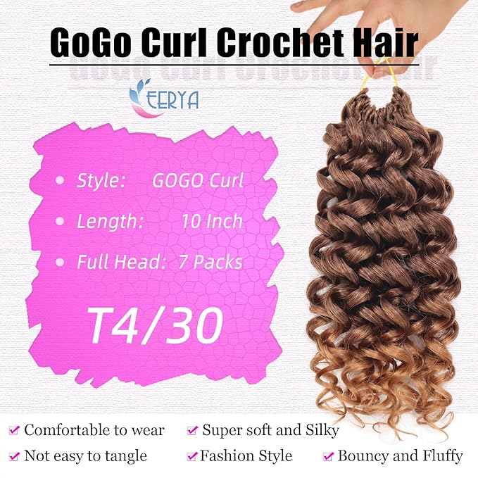 7 Packs GoGo Curl Crochet Hair 10 Inch Short Curly Crochet Hair for Women Water Wave Beach Curl Deep Twist Crochet Braids Synthetic Braiding Hair Extensions (10 Inch, T4/30)