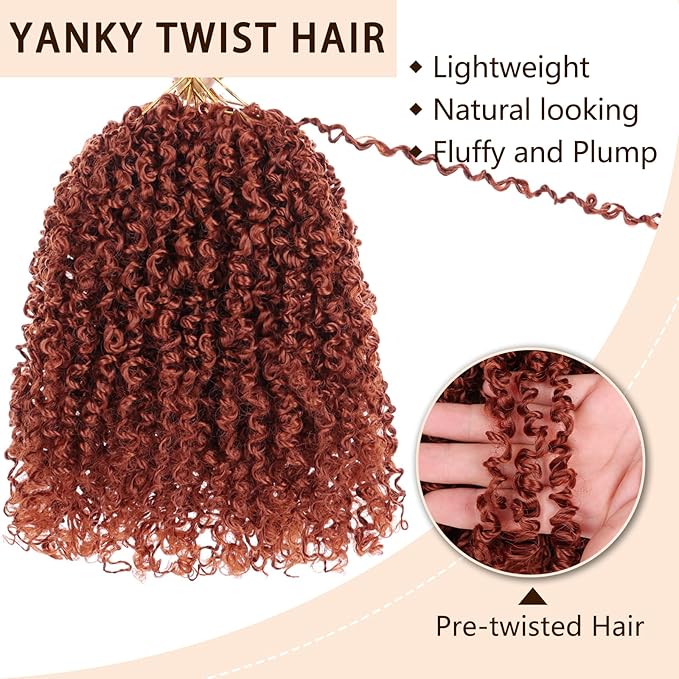 COOKOO 8 Inch Ginger Yanky Twist Crochet Hair 8 Packs (30 Strands/Pcs) Pre-twisted Short Spring Twist Mini Yanky Twist Hair Fluffy Passion Twist Pre-Looped Kinky Curly Crochet Hair for Women (350)