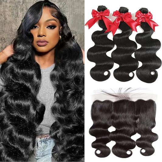 12A Human Hair Bundles with Frontal 10 12 14 with 10 Inch Brazilian Body Wave 3 Bundles Human Hair with 13x4 HD Lace Frontal Closure 100% Unprocessed Virgin Human Hair Weave
