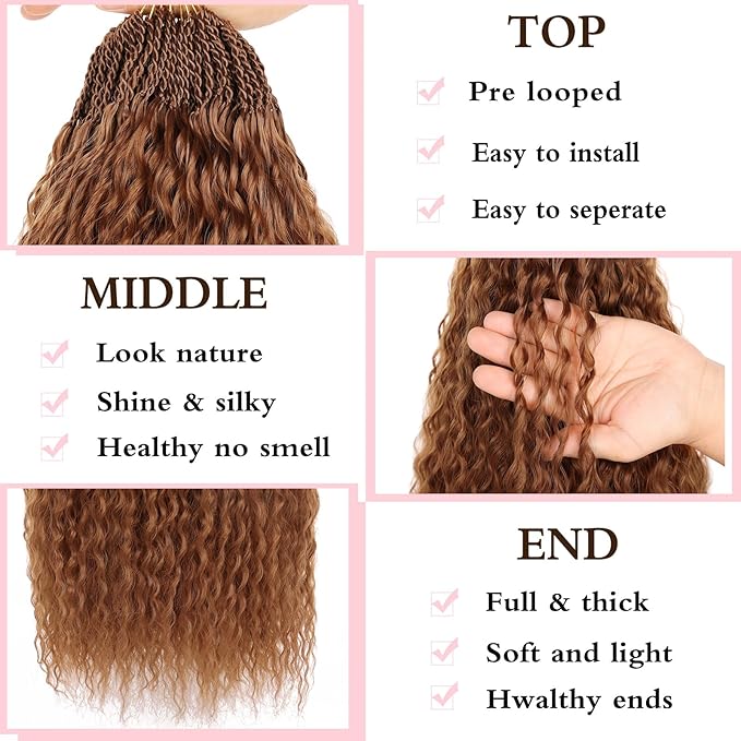 Xtrend 18 Inch Pre Looped Micro Curly Crochet Hair 8 Packs Honey Brown Brazilian Braid Curly Crochet Hair Extensions Water Wave Synthetic Deep Wave Crochet Hair For Black Women(30 Strands/Pack，30#)
