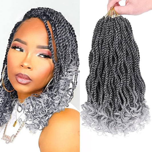 Leeven 12 Inch Wavy Senegalese Twist Crochet Hair 8 Packs Ombre Grey Pre Looped Short Micro Twist with Curly Ends, Small Hanava Twist, Synthetic Crochet Braids for Women Girl Kids