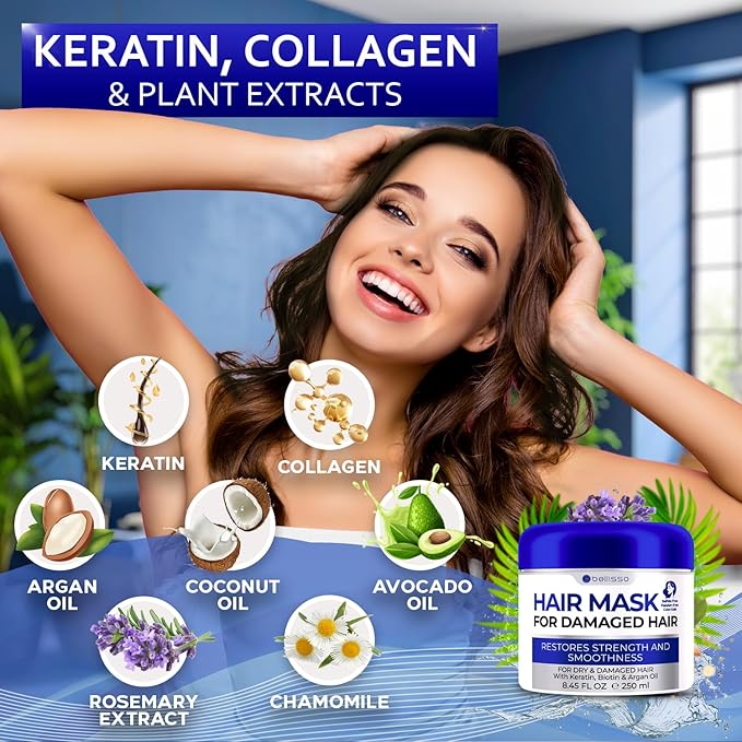 BELLISSO Hair Mask for Damaged Hair - Deep Conditioning and Moisturizing Repair Treatment for Dry Split Ends and Breakage - Hydrating Moisturizer Products for Women and Men - 8.45 Fl Oz