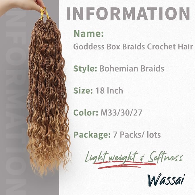 Wassai 18 Inch 7 Packs Boho Box Braids Crochet Hair for women Goddess Box Braids with Curly Ends Bohemian Crochet Braids Synthetic Braiding Hair Extensions, M33/30/27
