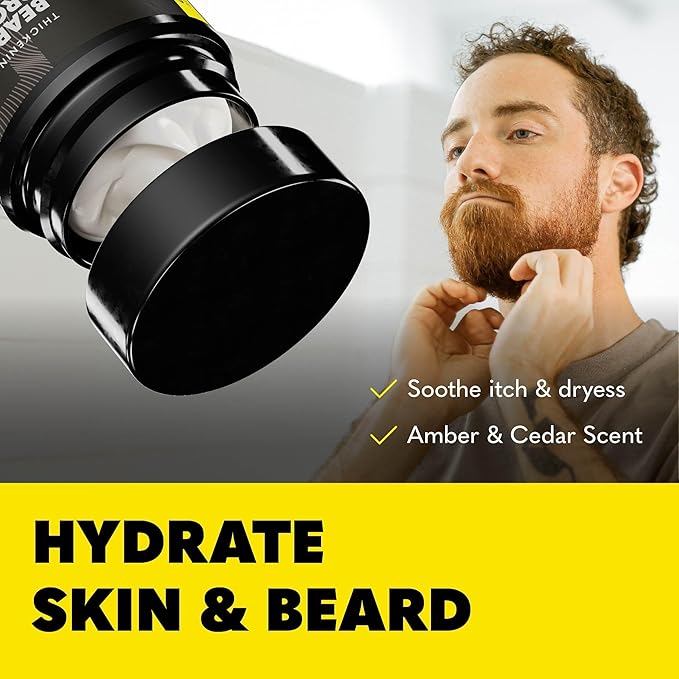 The Beard Club Biotin Beard Balm for Men - Beard Growth Shea Butter with Castor & Coconut Oil - Moisturizing, Hydrating and Softening Cream - Amber Cedar Scent - 4 oz