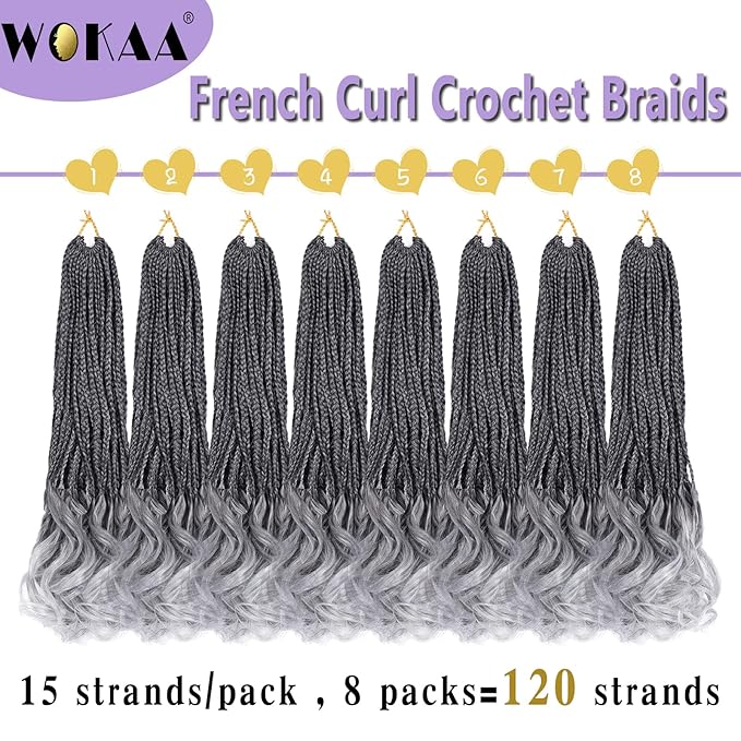 French Curl Crochet Braids 14 Inch Goddess Box Braids Crochet Hair for Women Gray Pre Looped Crochet Box Braid with Curly Ends Synthetic French Curly Braiding Hair Extensions (8 Packs，1B/Gray)