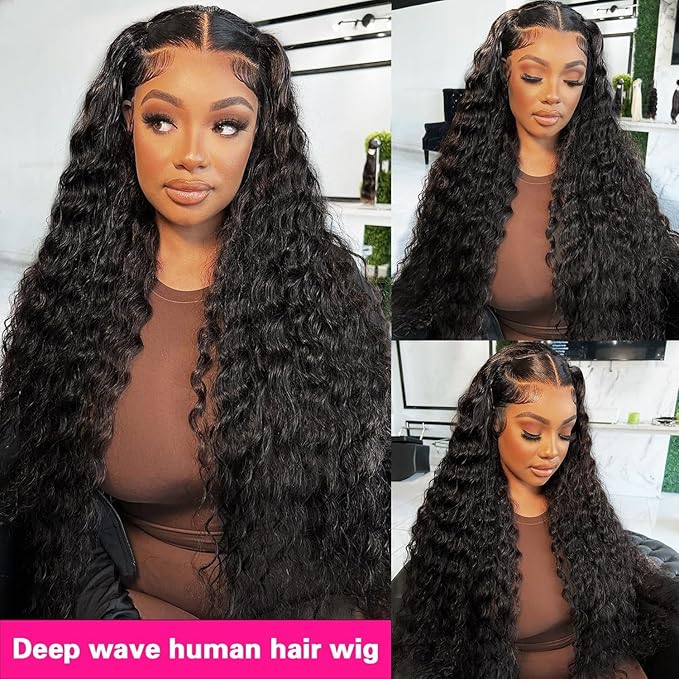 Deep Wave Lace Front Wigs Human Hair Pre Plucked 220% Density 13x4 HD Transparent Lace Closure Wigs Human Hair for Women 24 Inch Curly Lace Frontal Wig Brazilian Virgin Hair