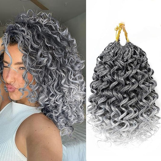 7 Packs Gogo Curl Grey Crochet Hair for Women 12 Inch Pre-Twisted Curly Crochet Hair Pre Looped Deep Ocean Water Wave Beach Curl Crochet Braids Synthetic Braiding Hair Extensions (12 Inch, 1B/Gray)