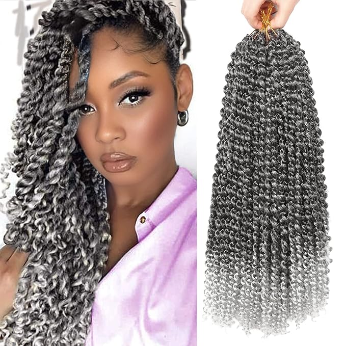 18 Inch Passion Twist Hair, Ombre Silver Water Wave Crochet Hair Passion Twist Crochet Hair for Women Long Bohemian Synthetic Curly Braiding Hair Extensions Passion Twist Braiding Hair (7pcs,1B/Gray)
