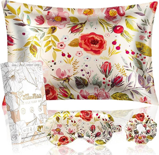 Mulberry Silk Pillow Case for Hair and Skin 19 Momme Standard 26"x20" Retro Flower Silk Pillowcase with Eye Mask & Scrunchie Soft Silk Pillowcase Sleeping for Moms, Women