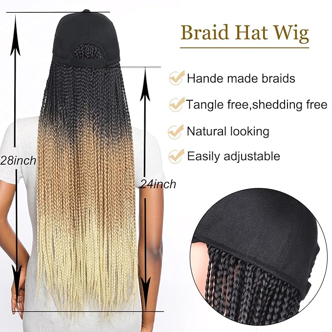 Hat Wig for Women Baseball Cap with Braided Hair Attached 24inch long Synthetic Box Braid Wig Hat Adjustable Cap with ombre black brown blonde Braids for Daily Outdoor Use (B-1B/27/613)