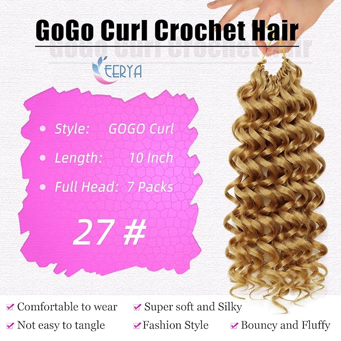 7 Packs GoGo Curl Crochet Hair Short Curly Crochet Hair for Women Water Wave Beach Curl Deep Twist Crochet Braids Synthetic crochet Hair Extensions (10 Inch, #27)