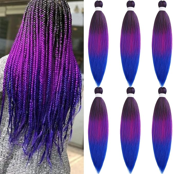 Ombre Braiding Hair Pre Stretched 1b Pink Blue Braids Hair Extensions for Braiding Hypoallergenic Knotless Synthetic Pre Sectioned Braiding Hair Bundles Weave 26 Inch 6 Packs