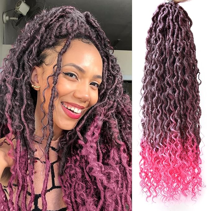 8Packs Goddess Locs Crochet Hair 22Inch Crochet Locs,Boho Faux Loc With Curly Ends River Hippie Bohemian Loc Crochet Hair for Black Women(1B/Pink, 22inch(Pack of 8))