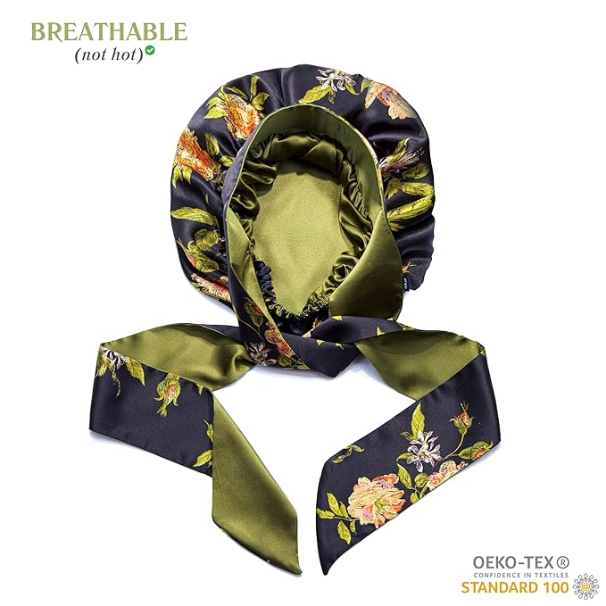 Wild Rose 100% Pure Silk Hair Bonnet Luxurious Reversible Wonder Loop Mulberry Silk for Curly Hair - Ultimate Sleeping Companion with Ties for Women - Handmade in USA