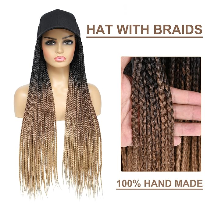 Hat Wig for Women Baseball Cap with Braided Hair Attached 24inch long Synthetic Ombre Box Braid Wig Hat Adjustable Cap with black brown light brown Braids for Daily Outdoor Use (B-53)