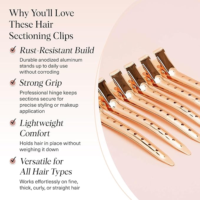 Kitsch Professional Alligator Clips for Hair Styling – 3.5" Aluminum Hair Sectioning Clips for Salon & Makeup Application | Ideal Gifts for Women – Rose Gold, 6 Pcs