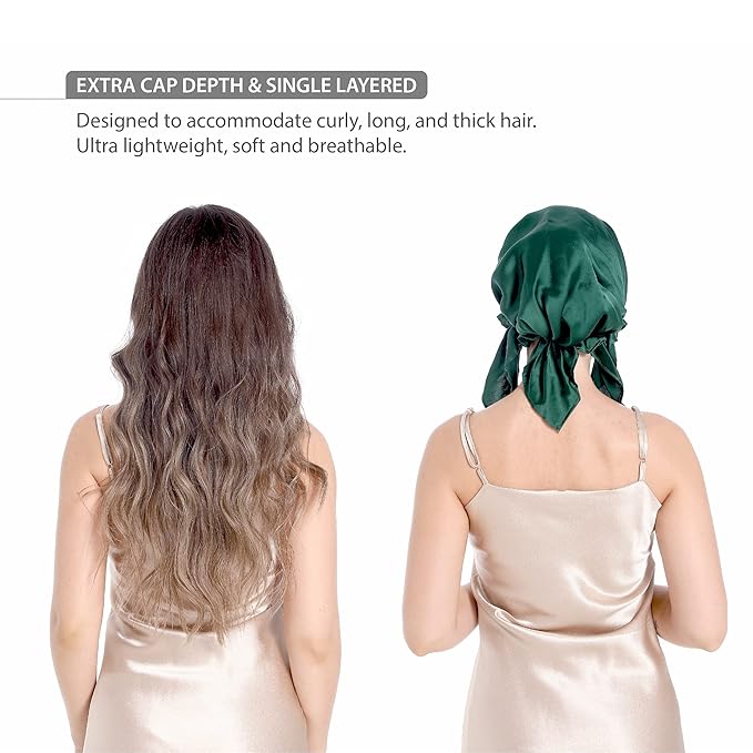 SissiLita 100% Silk Bonnet for Sleeping, Large Sleep Cap With Tie Band for Curly Hair Care, Hair Wrap (Emerald)