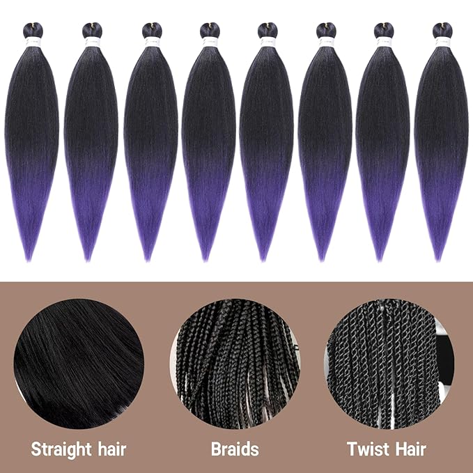 Pre Stretched Braiding Hair Ombre Black To Purple Braiding Hair, 24 Inch 6 Packs Professional Hair Extensions Hot Water Setting Synthetic Fiber Crochet Twist Braids(24Inch,1B/Purple#)