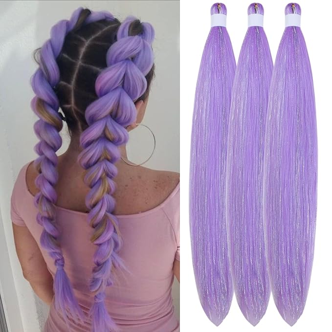 Tinsel Braiding Hair Pre stretched Lavender Purple Braiding Hair for Glitter Braids Festival Braids Cosplay