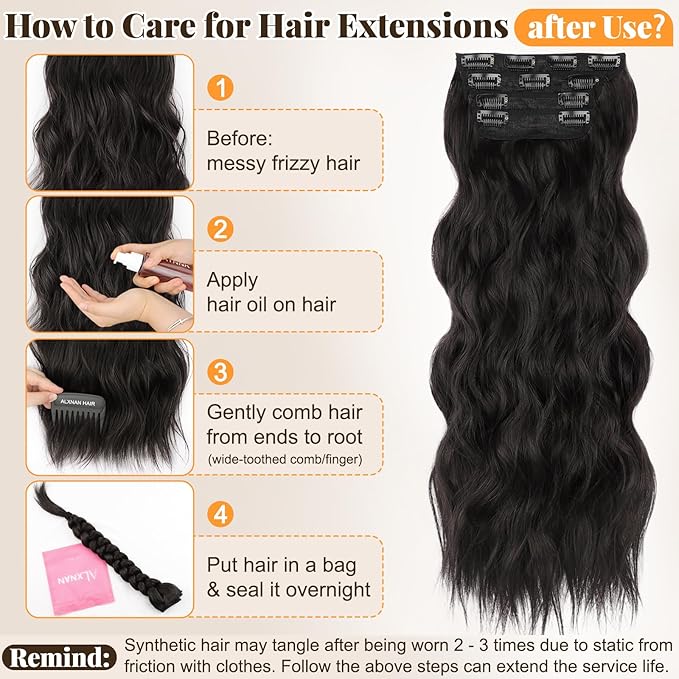 ALXNAN Clip in Long Wavy Synthetic Hair Extension 24 Inch Black Brown 4PCS Thick Hairpieces Fiber Double Weft Hair for Women