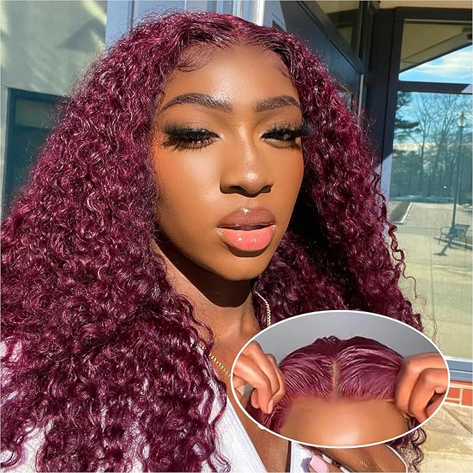 Curly Bob Wig Human Hair Deep Wave 200% Density 5x5 HD Lace Closure Wigs Human Hair Bob Wigs For Black Women Wear And Go Glueless Curly Wig Burgundy Color 16 Inch