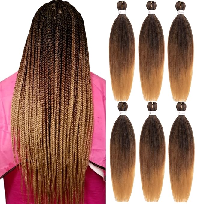Ombre Braiding Hair 24 Inch Pre Stretched Braiding Hair Professional Hair Extensions 6 Packs 100% Kanekalon Synthetic Crochet Hair Braids Yaki Texture Hair Braiding(24Inch,T1B/30/27#).