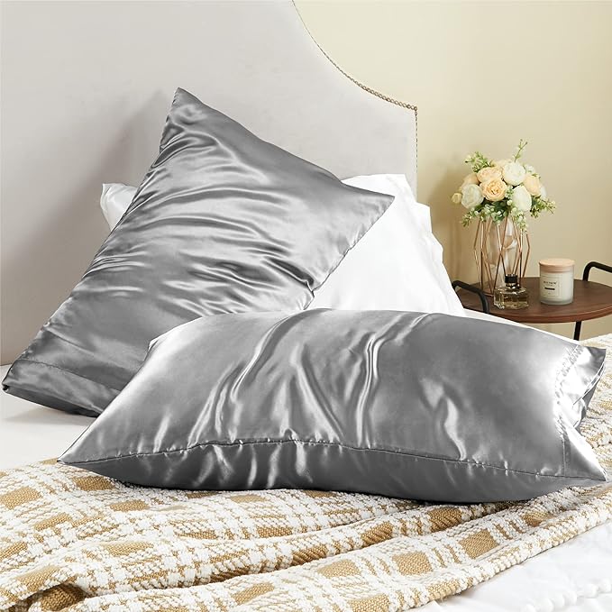 BEDELITE Satin Pillowcase for Hair and Skin, Super Soft and Cooling Similar to Silk Pillow Cases 2 Pack with Envelope Closure, Gift for Women Men(20"x30" Queen Size, Grey)