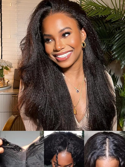 Julia Hair EasiContour V Part Kinky Straight Wigs Human Hair Glueless Yaki Straight Vpart Wig Clip in Half Wigs No Leave Out Real Scalp Upgrade U Part Kinky Wig Beginner Friendly Natural Black 16 Inch