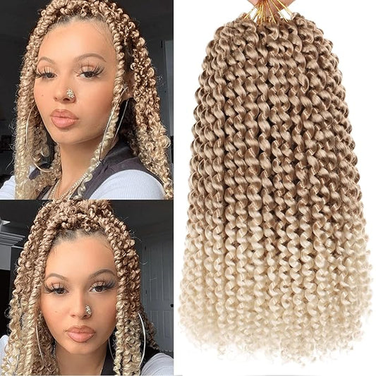 Leeven 7 Packs 12 Inch Passion Twist Hair Ombre Blonde Water Wave Crochet Braids for Passion Twist Crochet Braiding Hair Short Bob Distressed Butterfly Locs Hair Extensions T27/613#