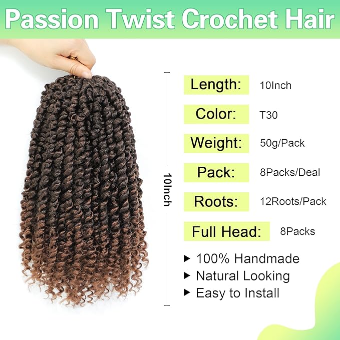 Passion Twist Crochet Hair 10Inch Passion Twist Hair 8 Packs Pre Looped Short Passion Twist Crochet Hair for Black Women T30