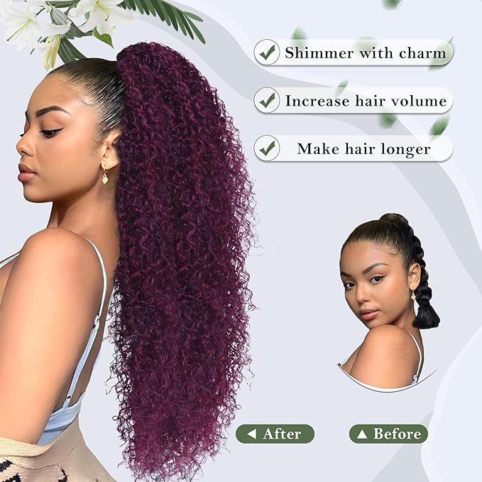 27 Inch Drawstring Ponytail Extension for Black Women Deep Curly Ponytail Extension Synthetic Mixed with Human Hair Hairpieces Afro Kinky Curly Pony Tail for Daily Use (Rose Purple)