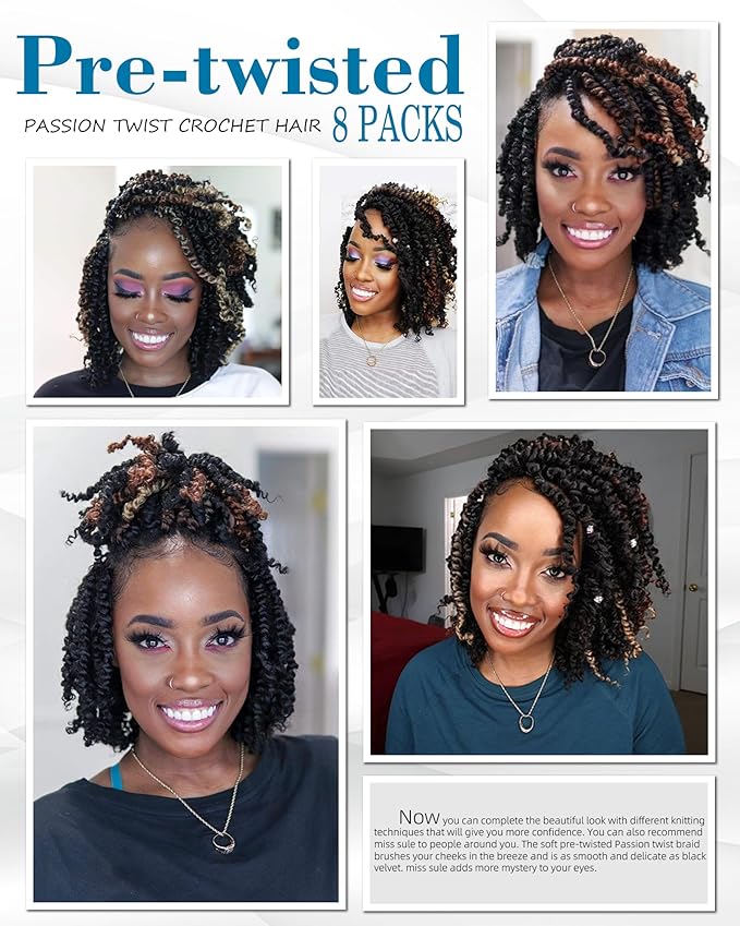 Passion Twist Crochet Hair-Mixed Color Combo Pack(6 packs 1B+1 pack T1B/27+1 pack T1B/30),Pre-twisted Pre Looped Synthetic Braided Hair Extensions For Black Women and Kids(10"-8 Packs,1B+T27+T30)
