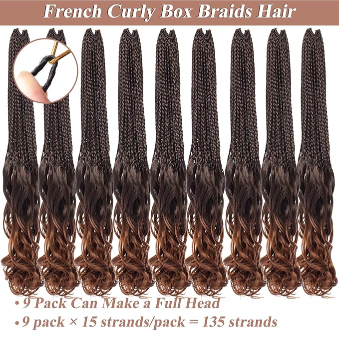 14 Inch Ombre Brown French Curl Crochet Braids 9 Packs Goddess Box Braids Crochet Hair with Curly Ends Pre Looped Bohemian Braiding Hair for Women