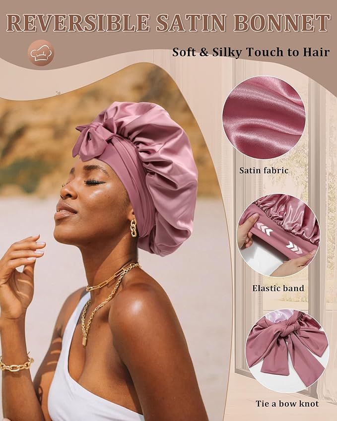 Reversible Satin Bonnet for Sleeping Women Double Layer Hair Bonnet with 2PCS Hair Scrunchies Elastic Tie Band Night Cap