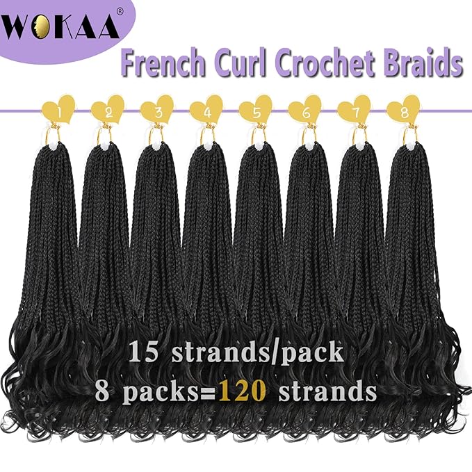 French Curl Crochet Braids 18 Inch Goddess Box Braids Crochet Hair for Women 8 Packs Pre Looped Crochet Box Braid with Curly Ends Synthetic French Curly Braiding Hair Extensions (1B#)