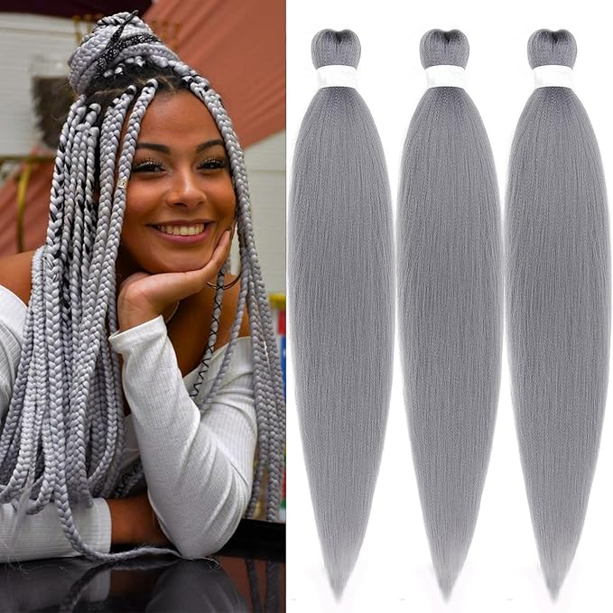 Grey Braiding Hair Pre Stretched 30 inch Kanekalo Gray Braiding Hair Extensions for Braiding Box Braids Jumbo Synthetic Long Micro Yaki Kids Knotless Pre Stretched Braiding Hair 3 pack