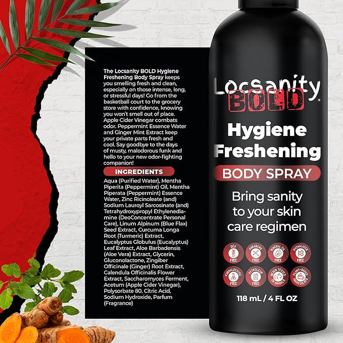 Locsanity BOLD Body Spray for Men - Freshening Deodorant for Groin, Balls, Armpits - Soothing, Cooling, Deodorizing Spray - Natural Personal Hygiene, Skincare Regimen