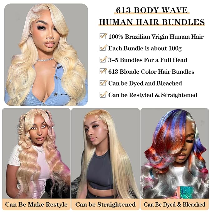 ROYAL IMPRESSION 613 Bundles Human Hair 16" 18" 20" 300 12A Grade 613 Blonde Body Wave Human Hair 3 Bundles 100% Unprocessed Virgin Brazilian Human Hair Weave Bundles