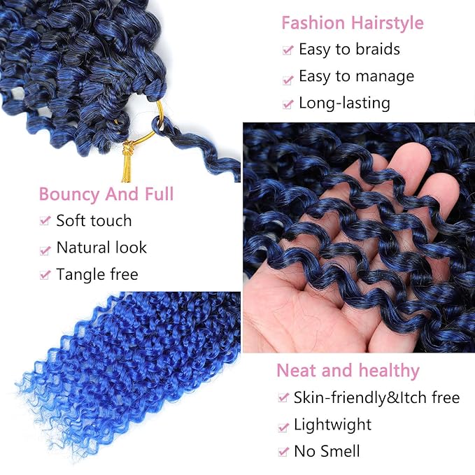 Alrence Passion Twist Hair 24 Inch 8 Packs Water Wave Crochet Hair Curly Braiding Hair For Butterfly Locs Long Bohe Crochet Braids (24 Inch (Pack of 8), 1B/Blue)